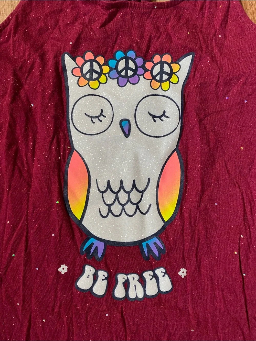 Justice Girls Maroon Tank Top with Colorful Owl Graphic